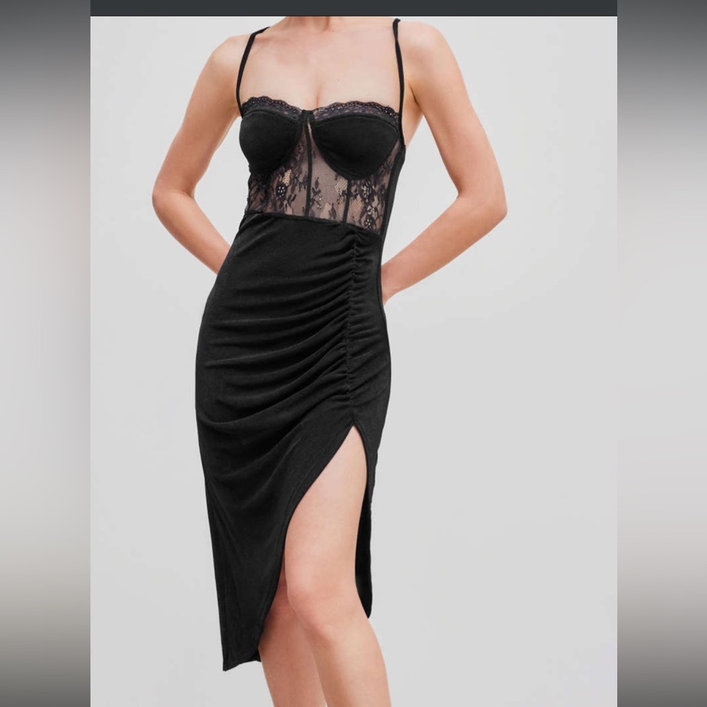 BNWT - Cider Lace Ruched  Split Black Midi Dress with Straps